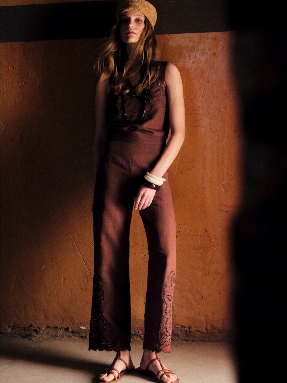 Sezane Chocolate Fausto Trousers with leg Embroidery - Size 40